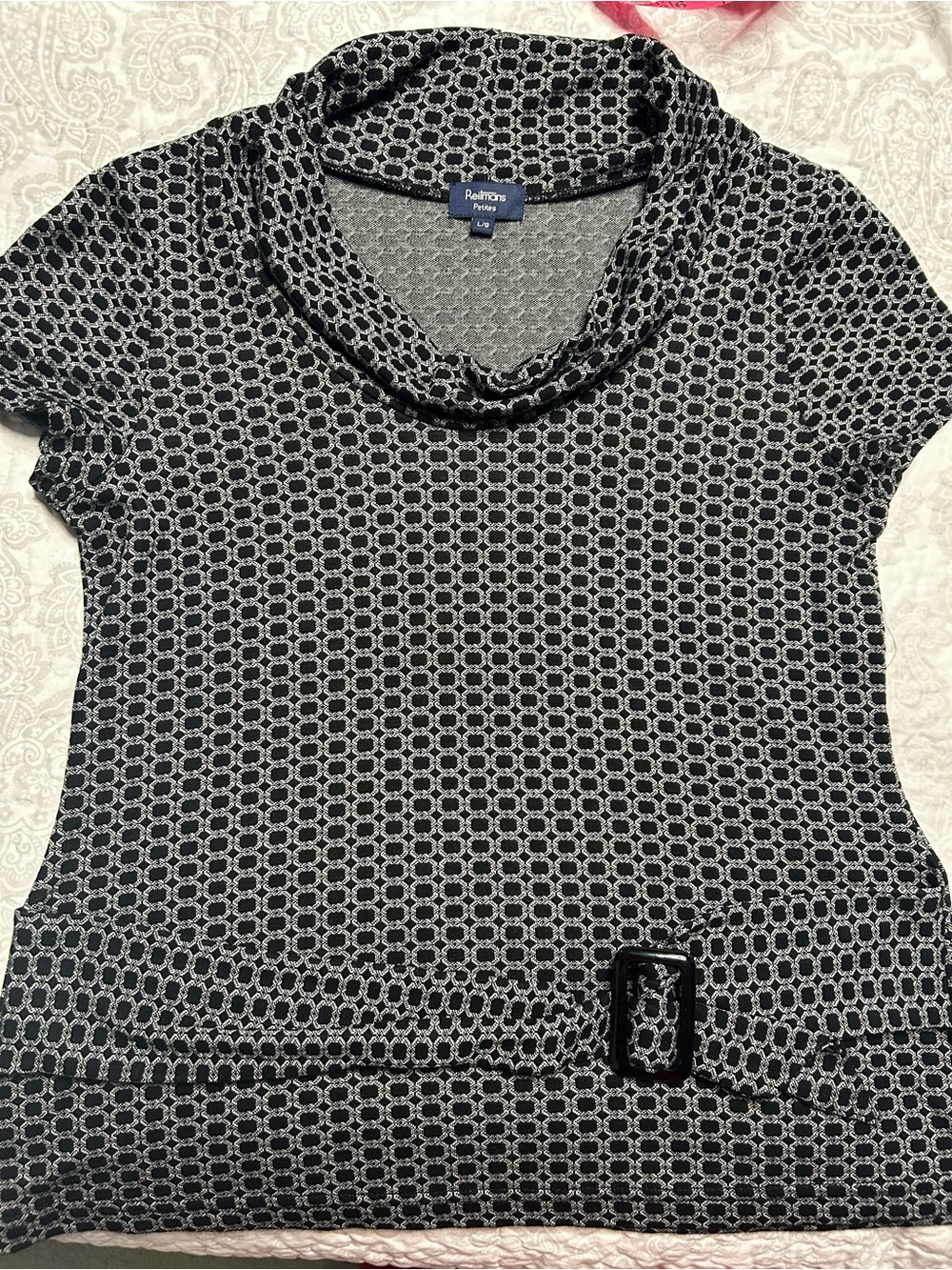 Reitmans Black and White Geometric Cowl-Neck stretchy blouse